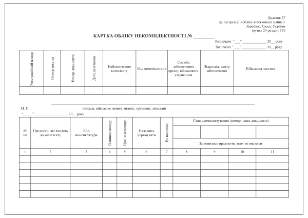 Картка обліку некомплектності. Додаток 27 (раніше Додаток 26) Картка обліку некомплектності. Додаток 27 (раніше Додаток 26)