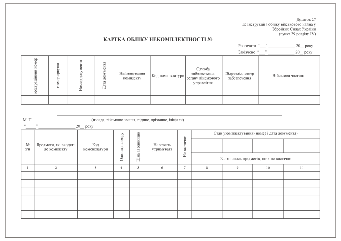 Картка обліку некомплектності. Додаток 27 (раніше Додаток 26)