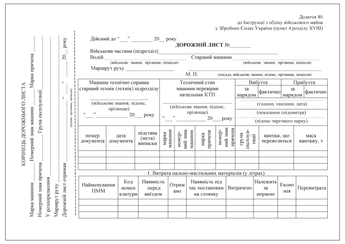 Дорожній лист. Додаток 80 (раніше Додаток 82)
