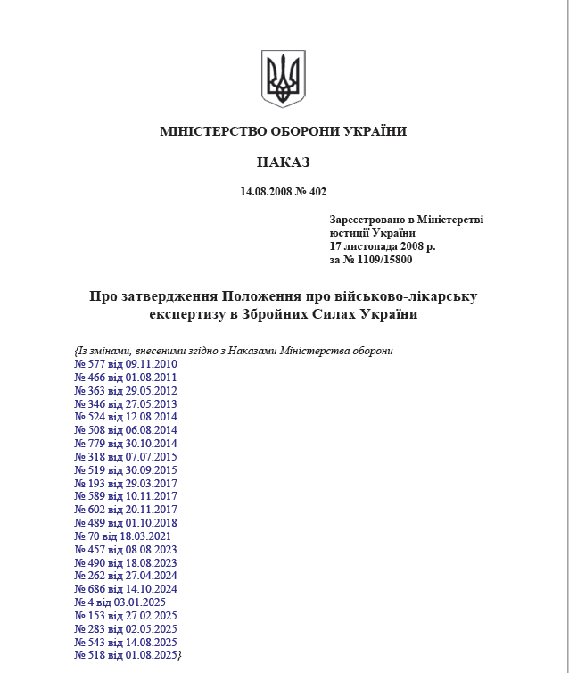 Наказ МОУ №402 від 14.08.2008 (з додатками) — Положення про військово-лікарську експертизу в Збройних Силах України (з останніми змінами від 14.08.2025)
