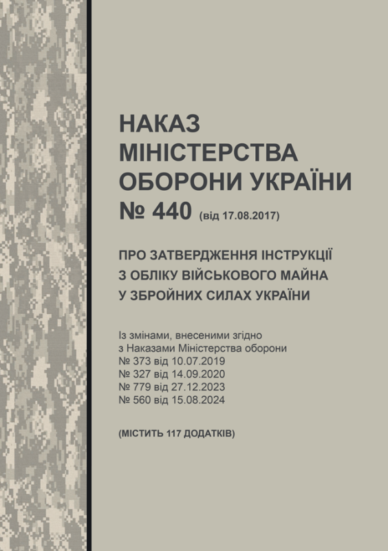 Наказ МОУ № 440 від 17.08.2017 (з додатками) — Інструкція з обліку військового майна у ЗСУ (з останніми змінами від 01.05.2025) Наказ МОУ № 440 від 17.08.2017 (з додатками) — Інструкція з обліку військового майна у ЗСУ (з останніми змінами від 01.05.2025)