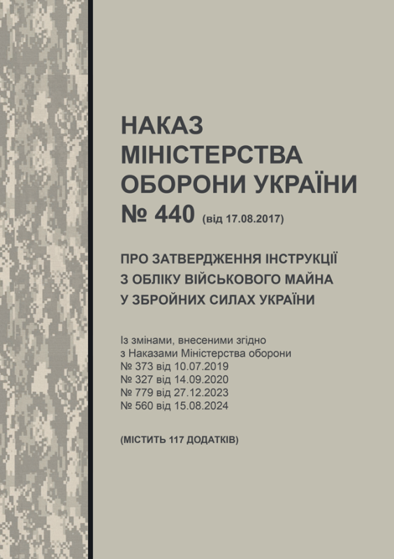 Наказ МОУ № 440 від 17.08.2017 (з додатками) — Інструкція з обліку військового майна у ЗСУ (з останніми змінами від 15.08.2024)