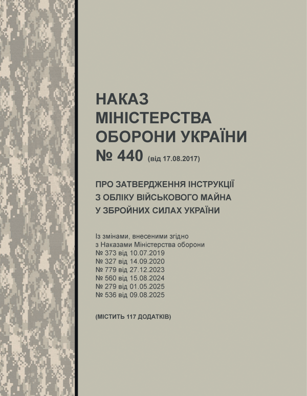 Наказ МОУ № 440 від 17.08.2017 (з додатками) — Інструкція з обліку військового майна у ЗСУ (з останніми змінами від 09.08.2025)
