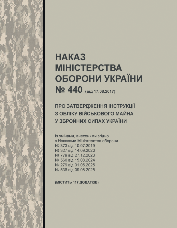 Наказ МОУ № 440 від 17.08.2017 (з додатками) — Інструкція з обліку військового майна у ЗСУ (з останніми змінами від 09.08.2025)