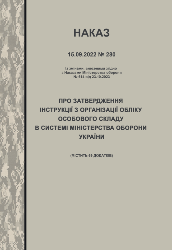 Наказ МОУ №280 від 15.09.2022 (з додатками) — Про затвердження Інструкції з організації обліку особового складу в системі Міністерства оборони України (зі змінами від 23.10.2023)