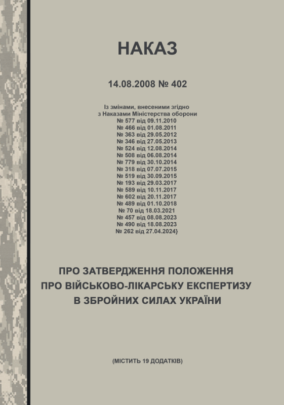 Наказ МОУ №402 від 14.08.2008 (з додатками) — Положення про військово-лікарську експертизу в Збройних Силах України (з останніми змінами від 27.04.2024)