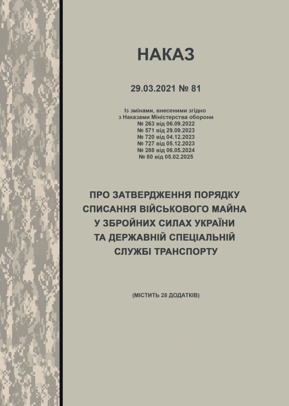 НАКАЗ МОУ № 81 від 29.03.2021 (з додатками) — Про затвердження Порядку списання військового майна у Збройних Силах України та Державній спеціальній службі транспорту (зі змінами від 06.05.2024)