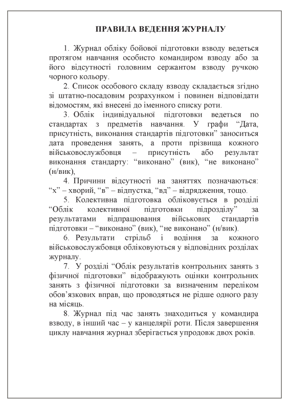 Журнал обліку бойової підготовки (взвод, рота/батарея, батальйон/дивізіон), 6 розділів